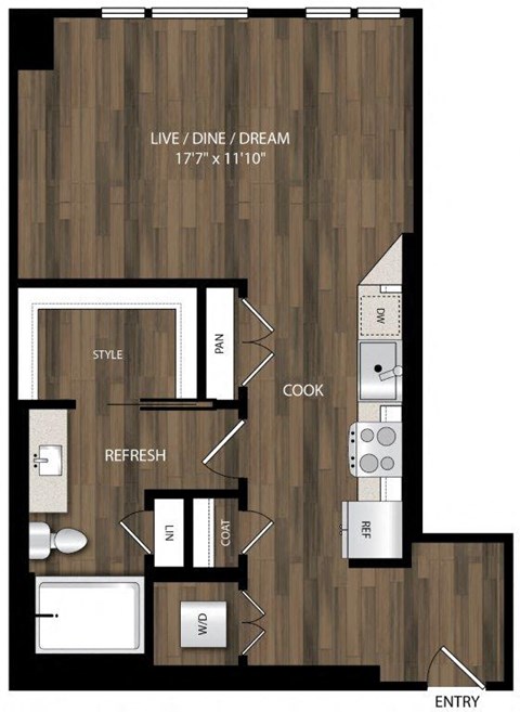 Floor plan for studio, 1 bath, 566 sqft